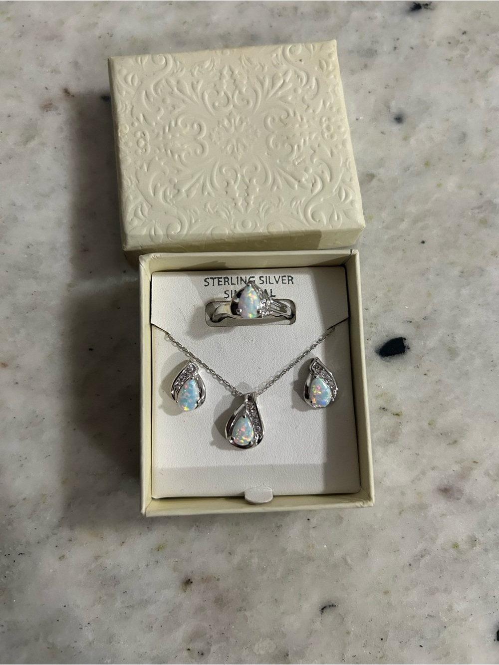 Sterling Silver synthetic Opal Ring, Necklace, and Earrings Set